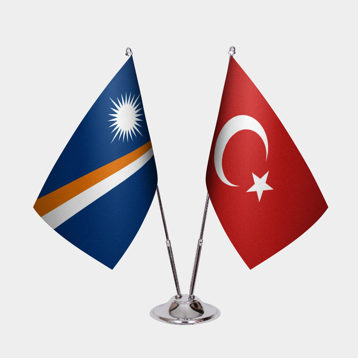 Marshall Islands and Türkiye dual desk flag set with chrome silver pedestal, satin office table flag