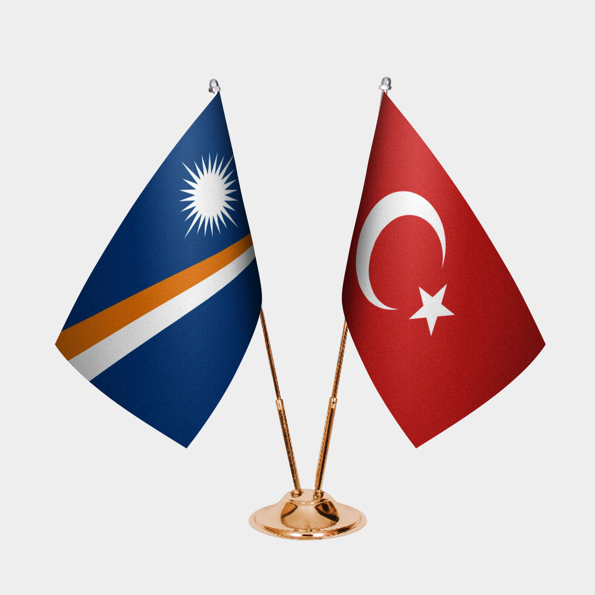 Marshall Islands and Türkiye dual desk flag set with gold pedestal, satin office table flag