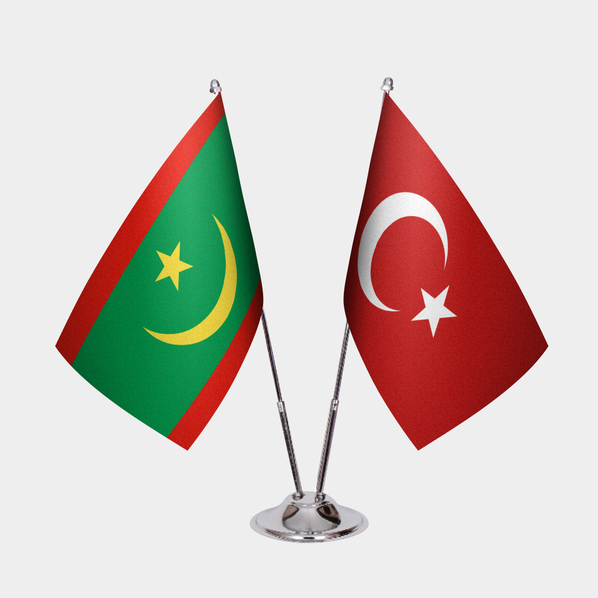 Mauritania and Türkiye dual desk flag set with chrome silver pedestal, satin office table flag
