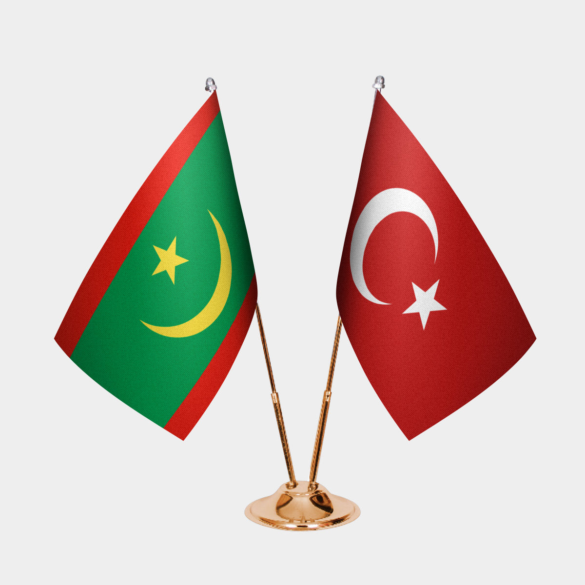 Mauritania and Türkiye dual desk flag set with gold pedestal, satin office table flag