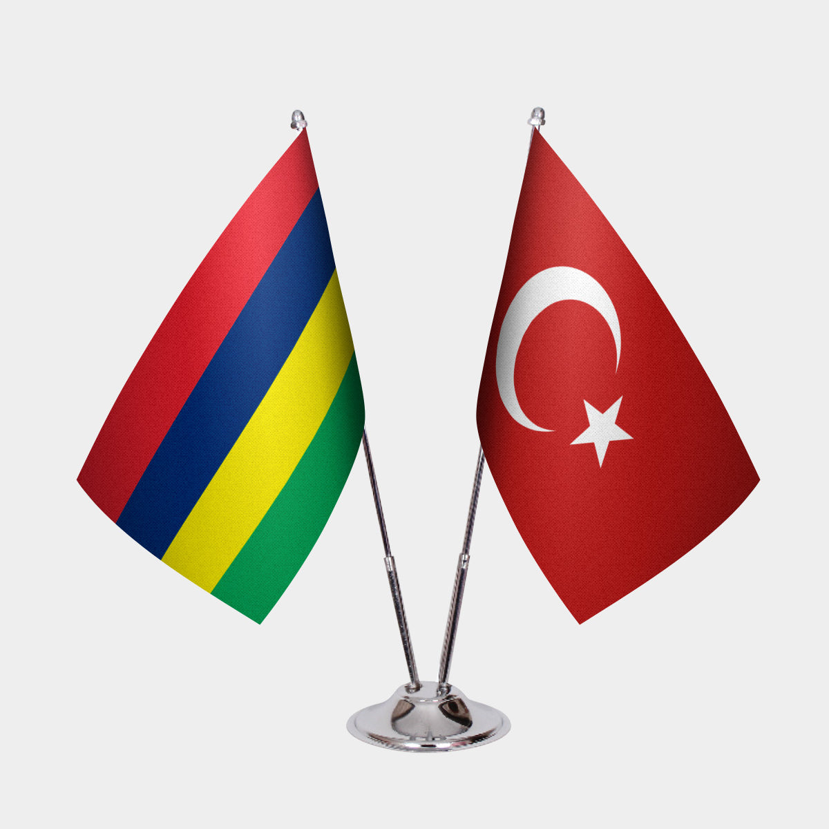 Mauritius and Türkiye dual desk flag set with chrome silver pedestal, satin office table flag