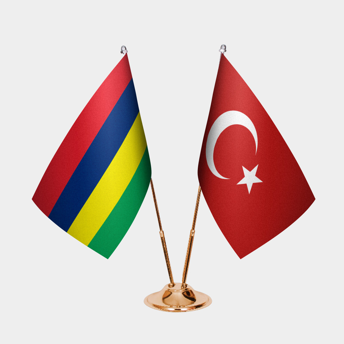 Mauritius and Türkiye dual desk flag set with gold pedestal, satin office table flag