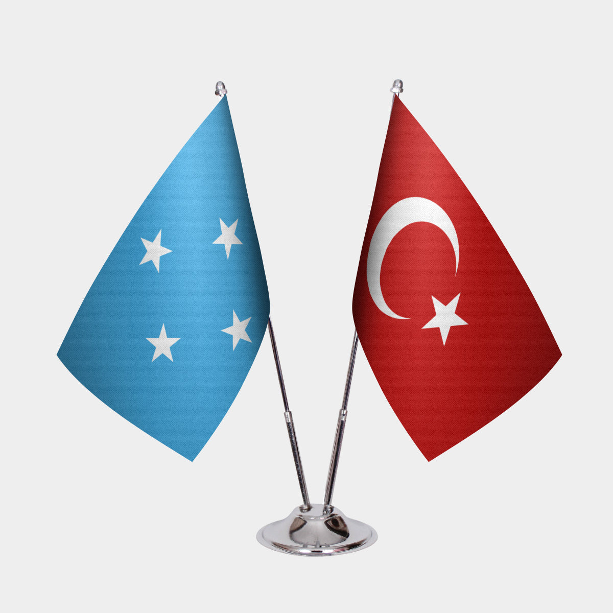 Micronesia and Türkiye dual desk flag set with chrome silver pedestal, satin office table flag