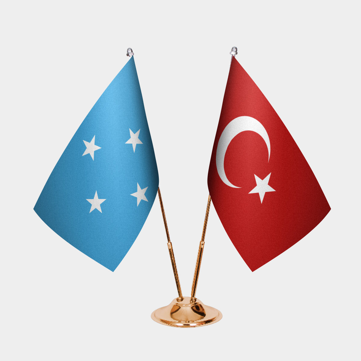 Micronesia and Türkiye dual desk flag set with gold pedestal, satin office table flag