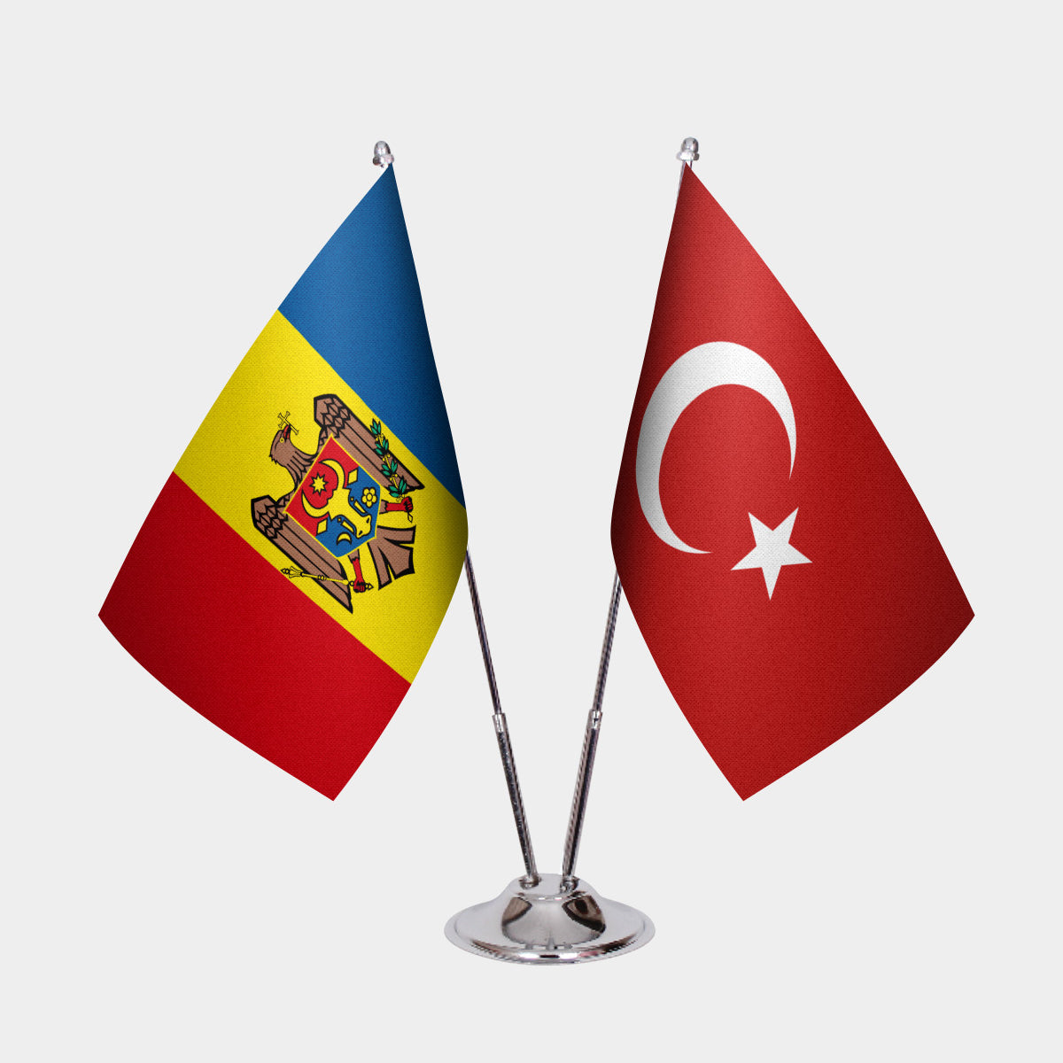Moldova and Türkiye dual desk flag set with chrome silver pedestal, satin office table flag