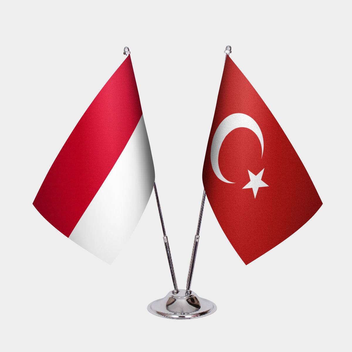 Monaco and Türkiye dual desk flag set with chrome silver pedestal, satin office table flag
