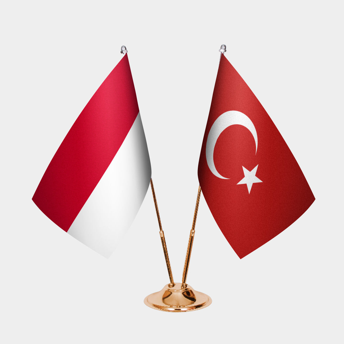 Monaco and Türkiye dual desk flag set with gold pedestal, satin office table flag