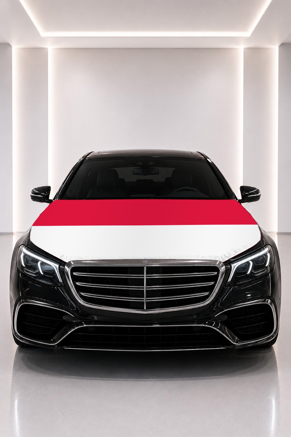 Monaco flag car hood cover fitted on a black car bonnet