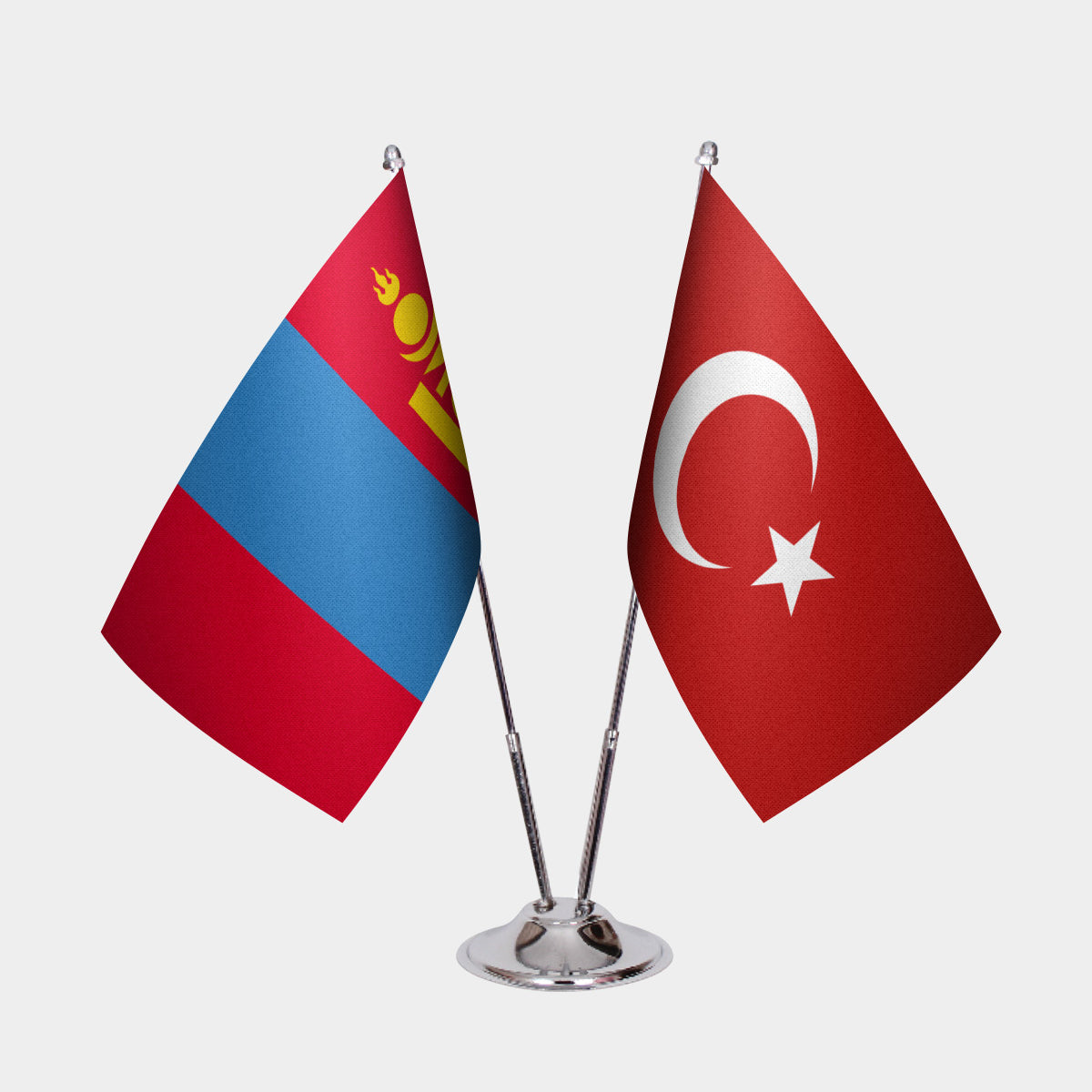 Mongolia and Türkiye dual desk flag set with chrome silver pedestal, satin office table flag