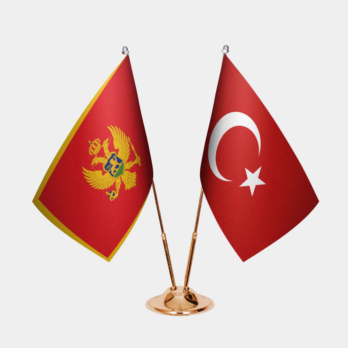 Montenegro and Türkiye dual desk flag set with gold pedestal, satin office table flag