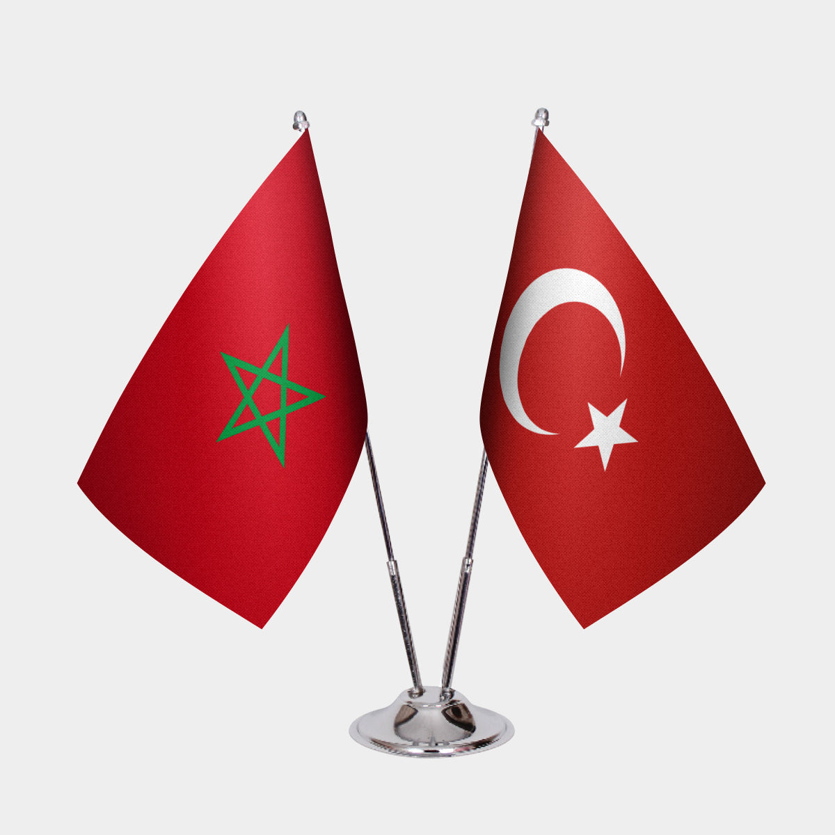 Morocco and Türkiye dual desk flag set with chrome silver pedestal, satin office table flag