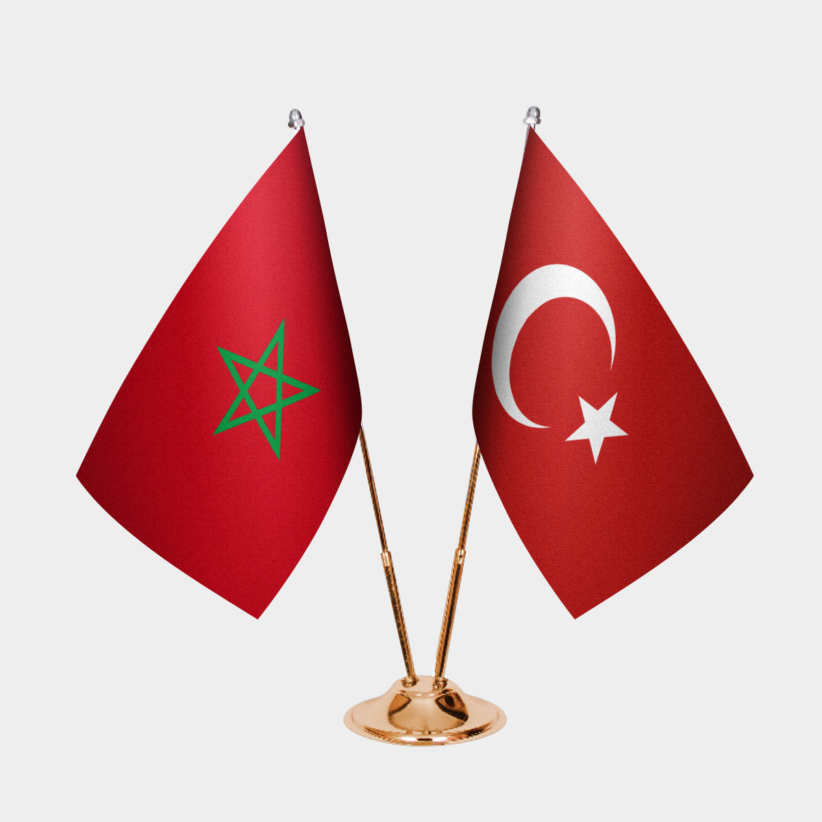 Morocco and Türkiye dual desk flag set with gold pedestal, satin office table flag