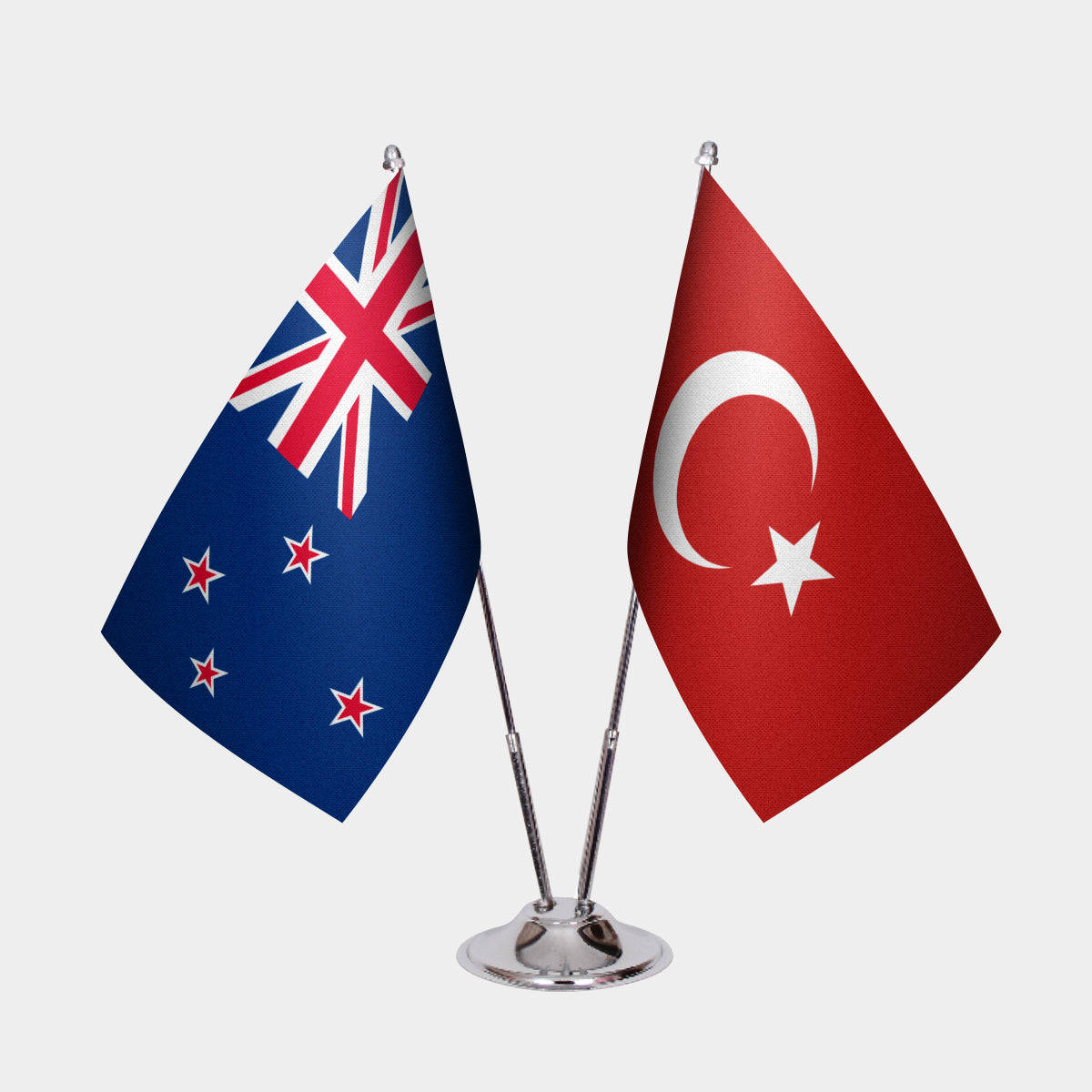New Zealand and Türkiye dual desk flag set with chrome silver pedestal, satin office table flag