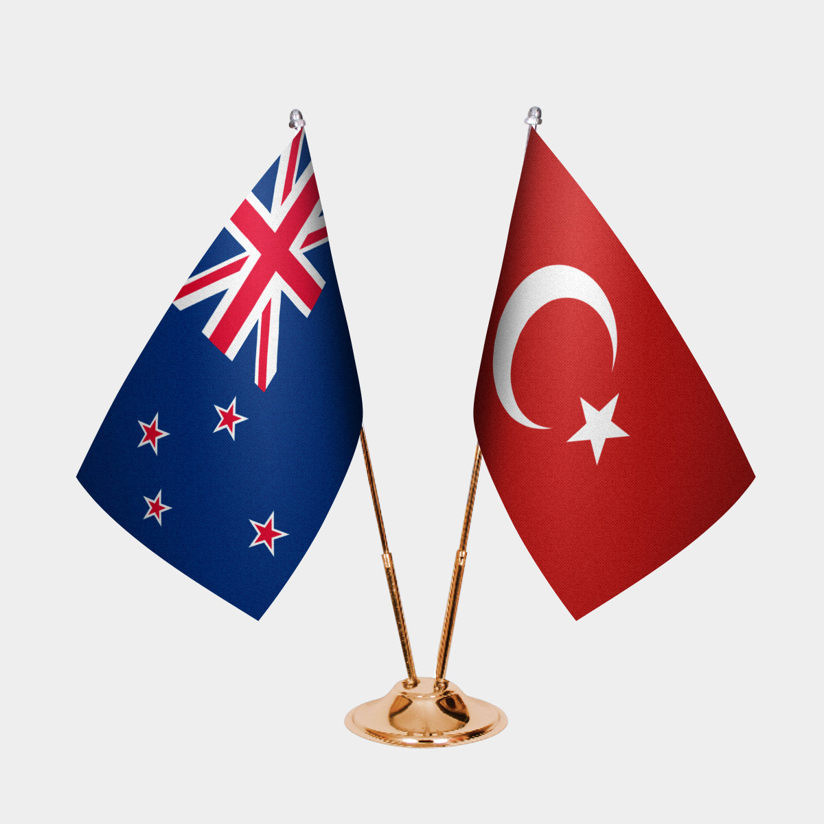 New Zealand and Türkiye dual desk flag set with gold pedestal, satin office table flag