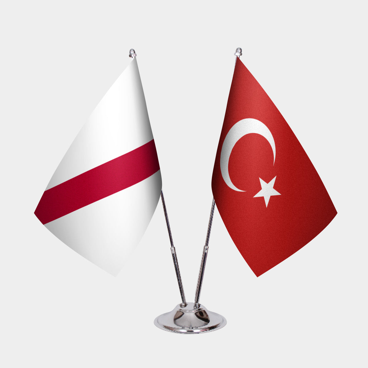 Namibia and Türkiye dual desk flag set with chrome silver pedestal, satin office table flag