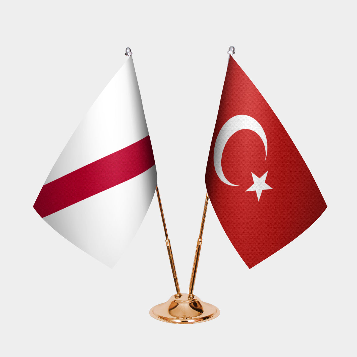 Namibia and Türkiye dual desk flag set with gold pedestal, satin office table flag