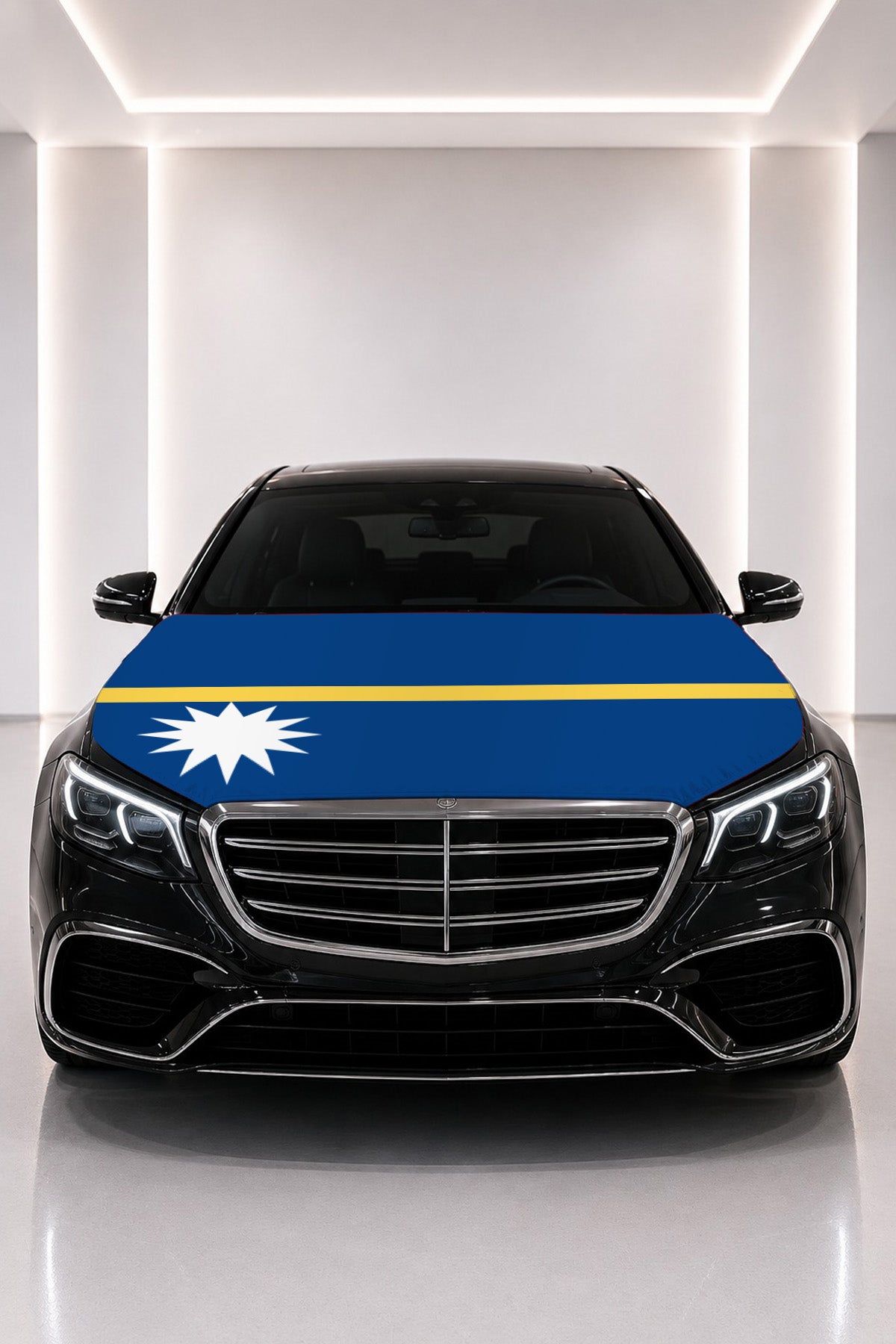 Nauru flag car hood cover fitted on a black car bonnet