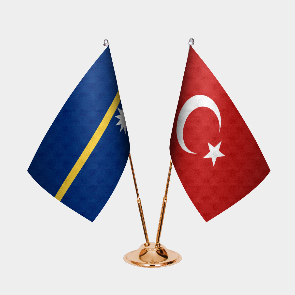 Nauru and Türkiye dual desk flag set with gold pedestal, satin office table flag