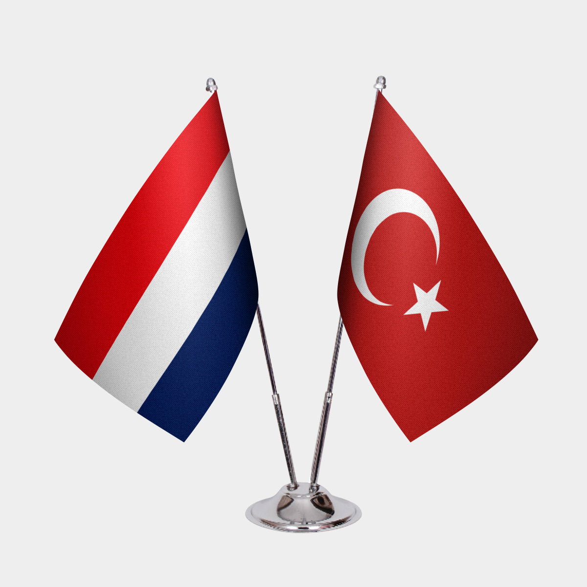Netherlands and Türkiye dual desk flag set with chrome silver pedestal, satin office table flag