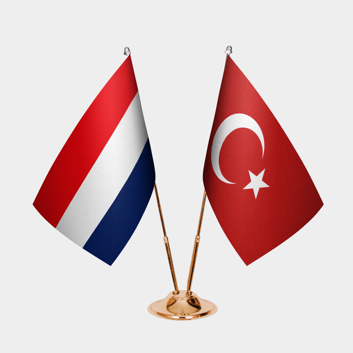 Netherlands and Türkiye dual desk flag set with gold pedestal, satin office table flag