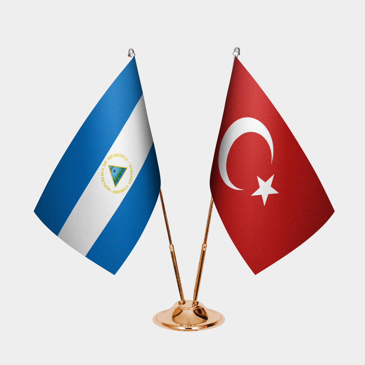 Nicaragua and Türkiye dual desk flag set with gold pedestal, satin office table flag