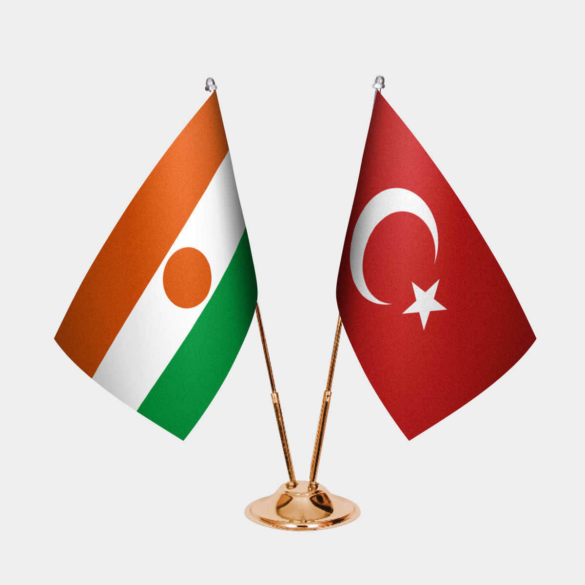 Niger and Türkiye dual desk flag set with gold pedestal, satin office table flag