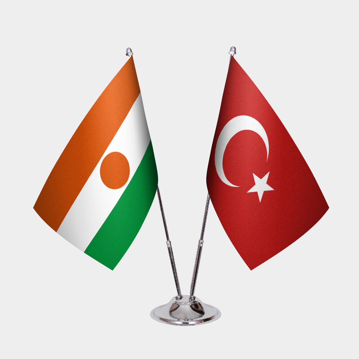 Niger and Türkiye dual desk flag set with chrome silver pedestal, satin office table flag
