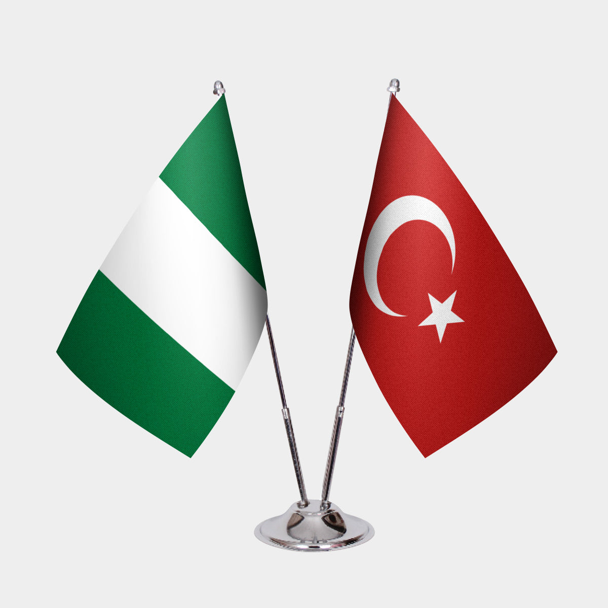 Nigeria and Türkiye dual desk flag set with chrome silver pedestal, satin office table flag