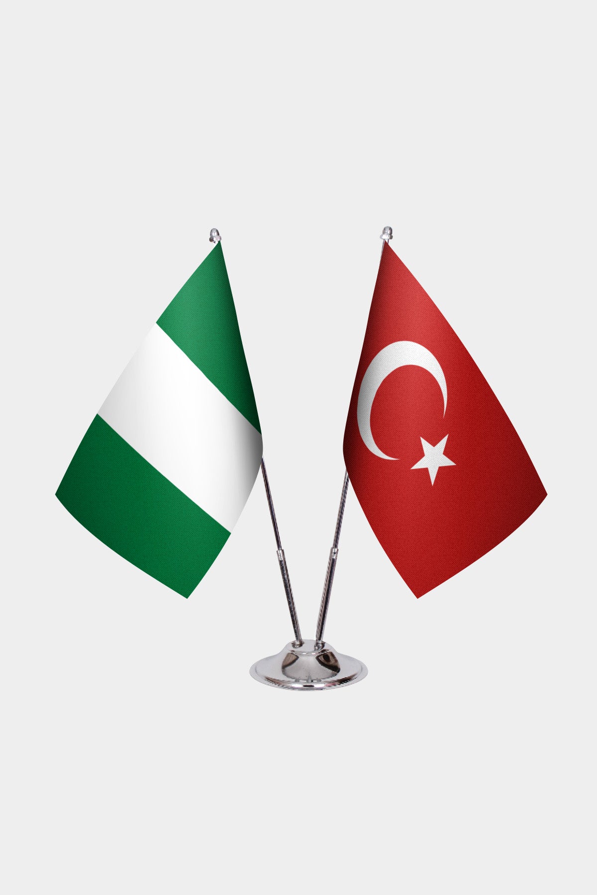 Nigeria and Turkey desk flag set with chrome pole and base