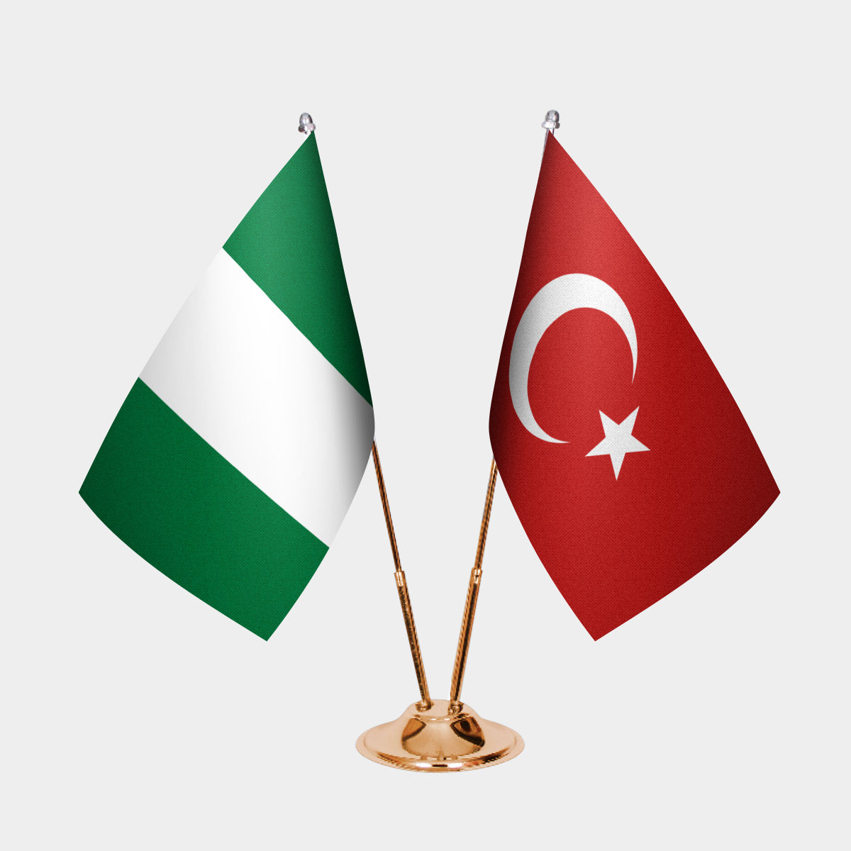 Nigeria and Türkiye dual desk flag set with gold pedestal, satin office table flag