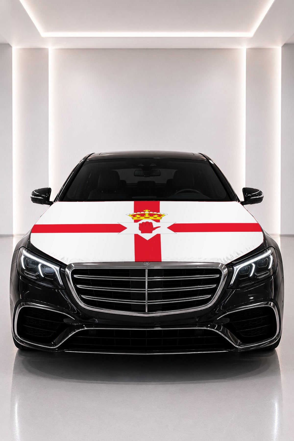 Northern Ireland flag car hood cover fitted on a black car bonnet