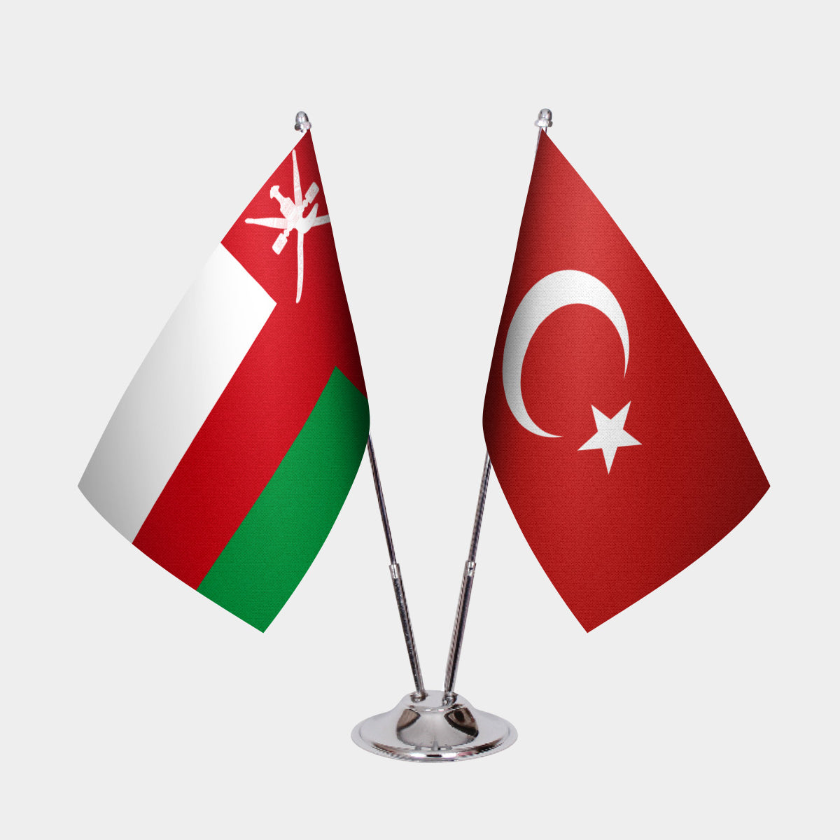 Oman and Turkey desk flag set with chrome pole and base