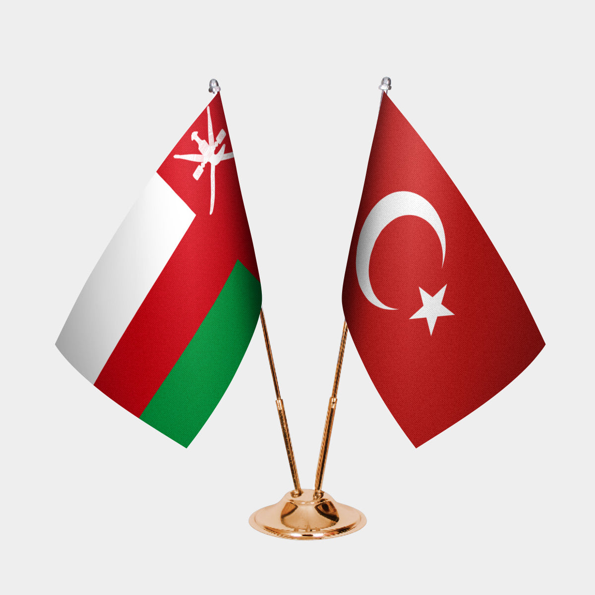 Oman and Turkey desk flag set with gold pole and base