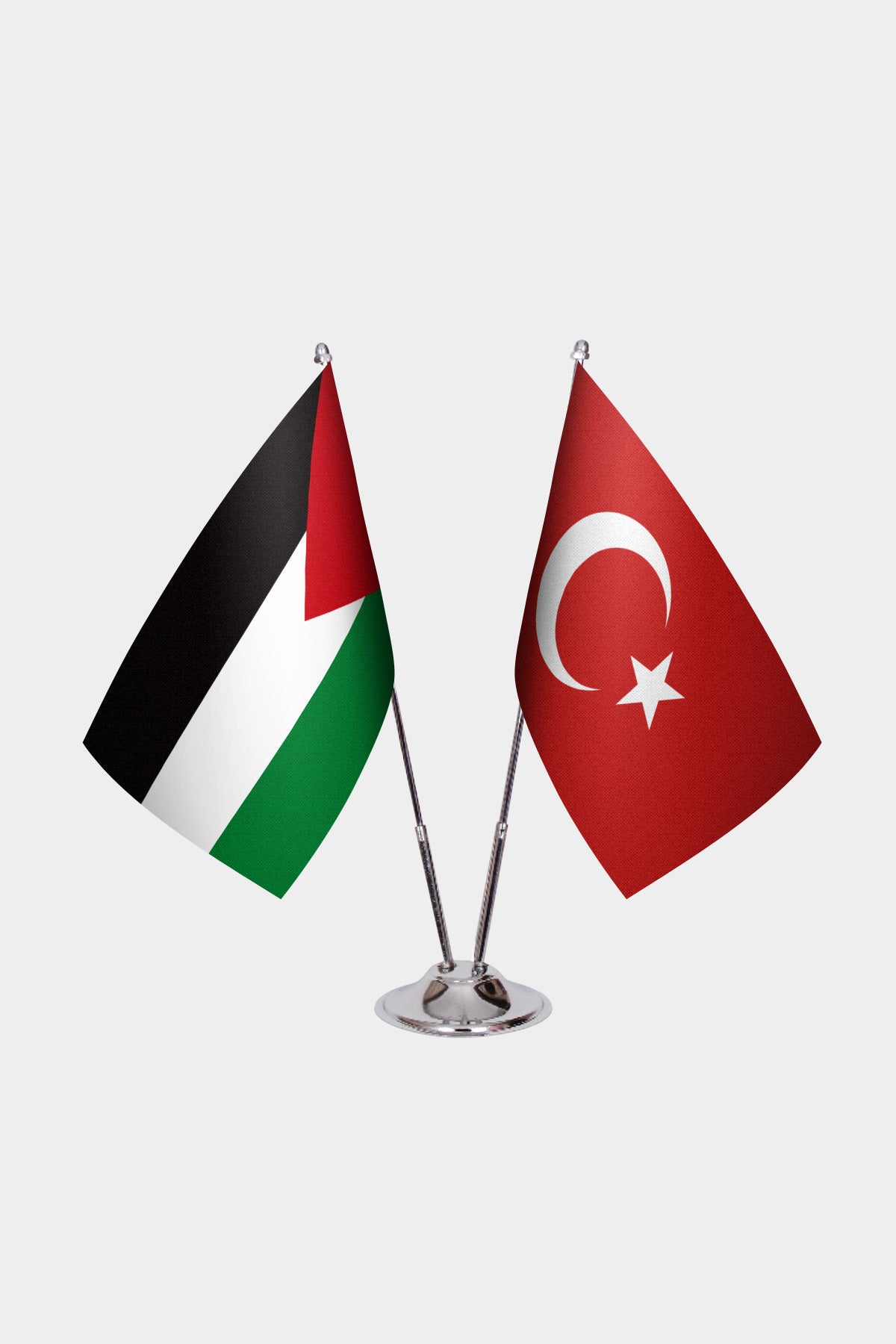 Palestine and Turkey desk flag set with chrome pole and base