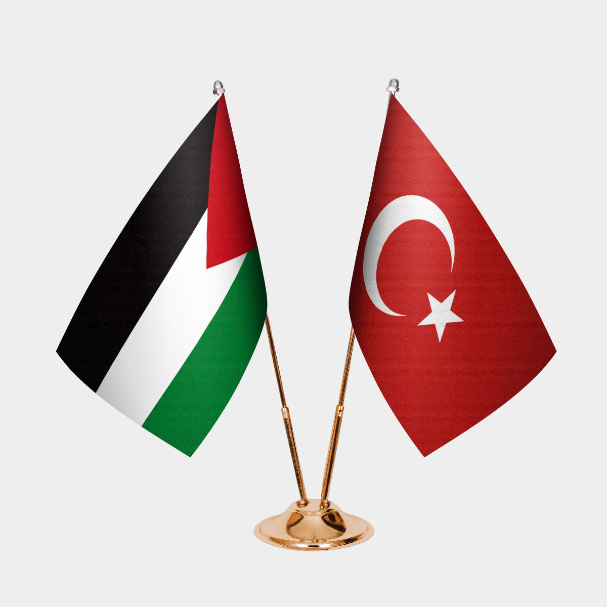 Palestine and Turkey desk flag set with gold pole and base