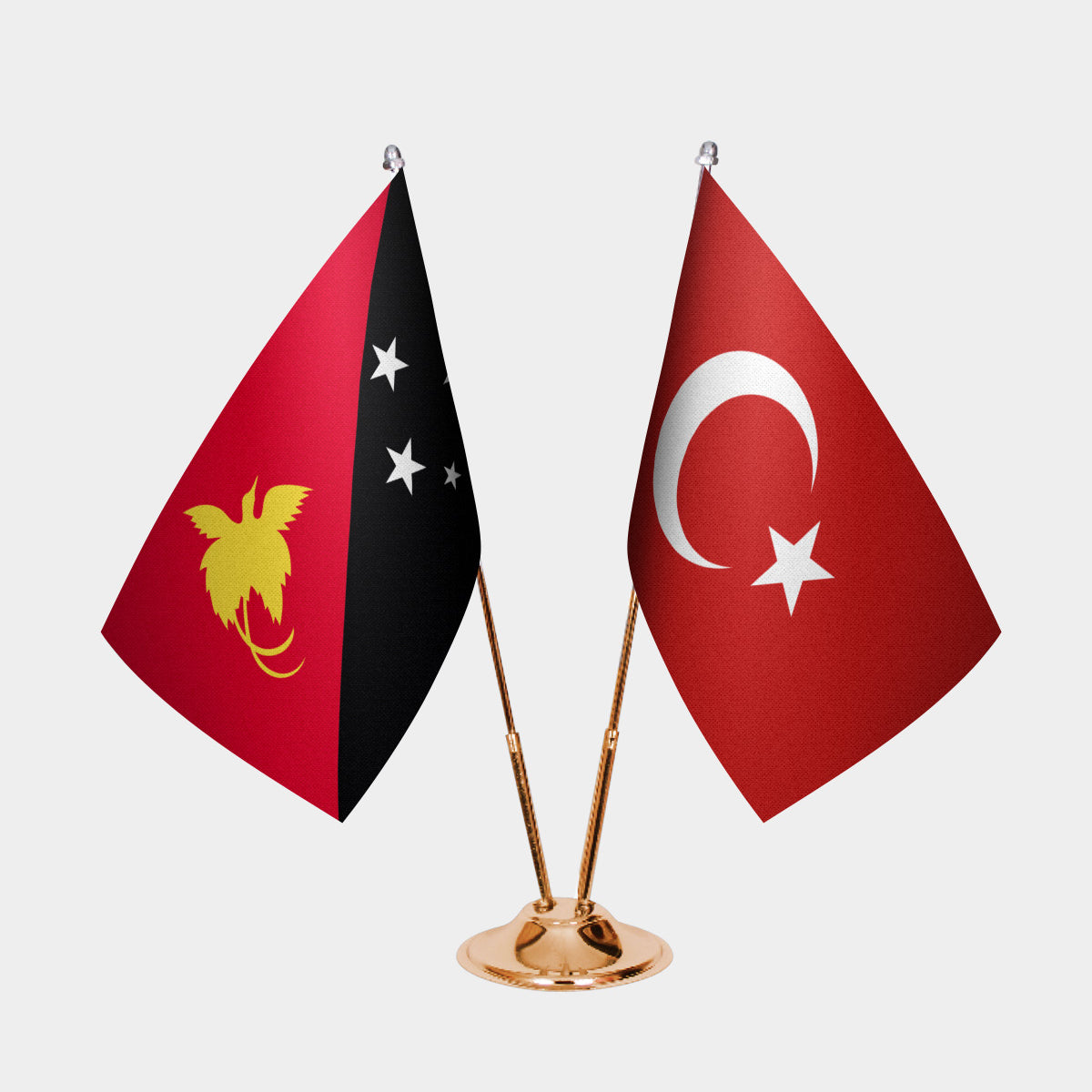 Papua New Guinea and Turkey desk flag set with gold pole and base
