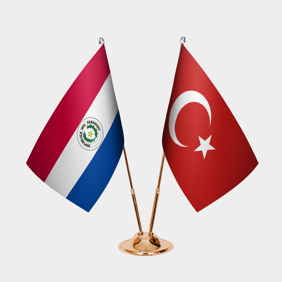 Paraguay and Turkey desk flag set with gold pole and base