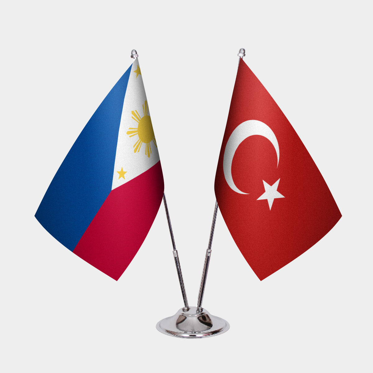 Philippines and Turkey desk flag set with chrome pole and base