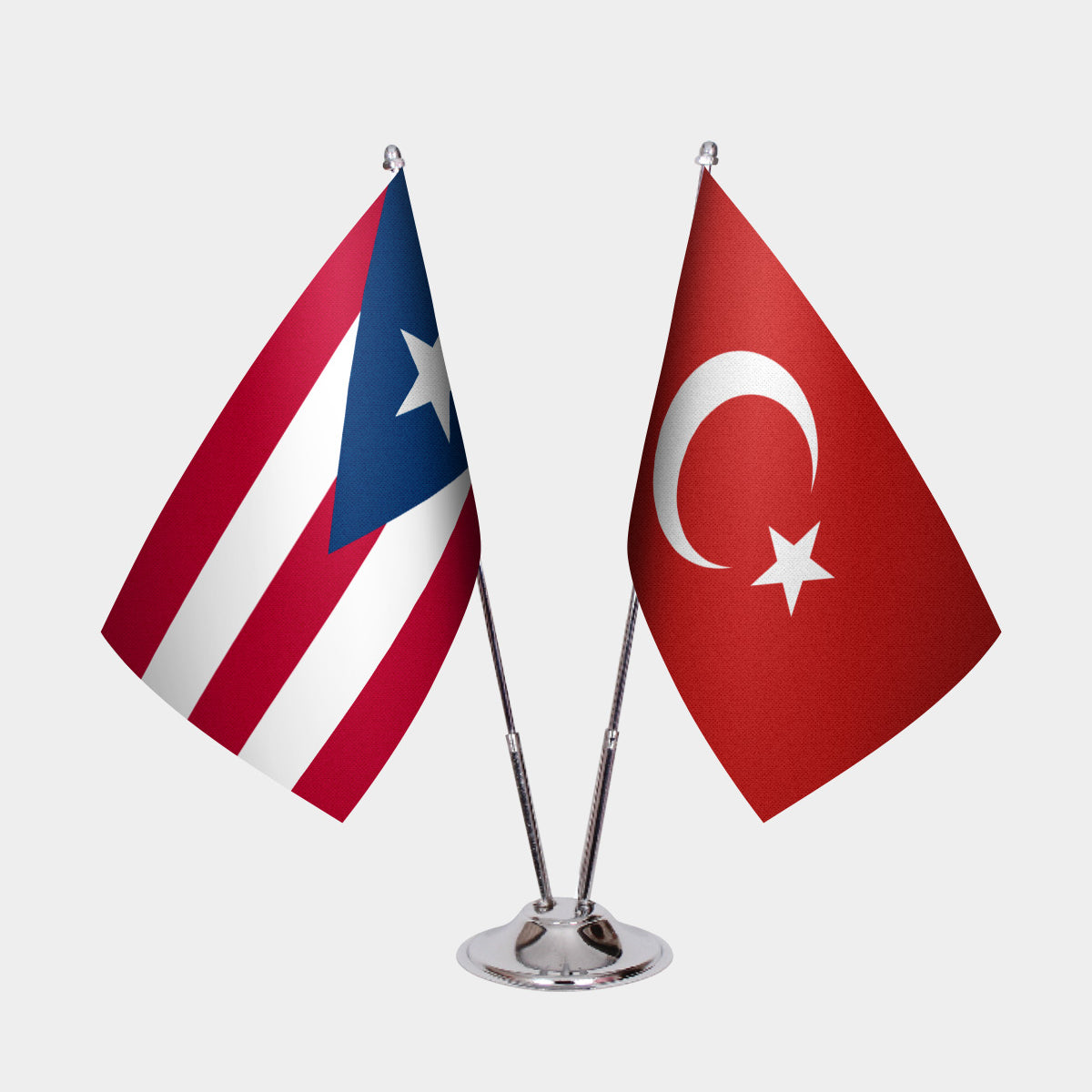 Puerto Rico and Turkey desk flag set with chrome pole and base