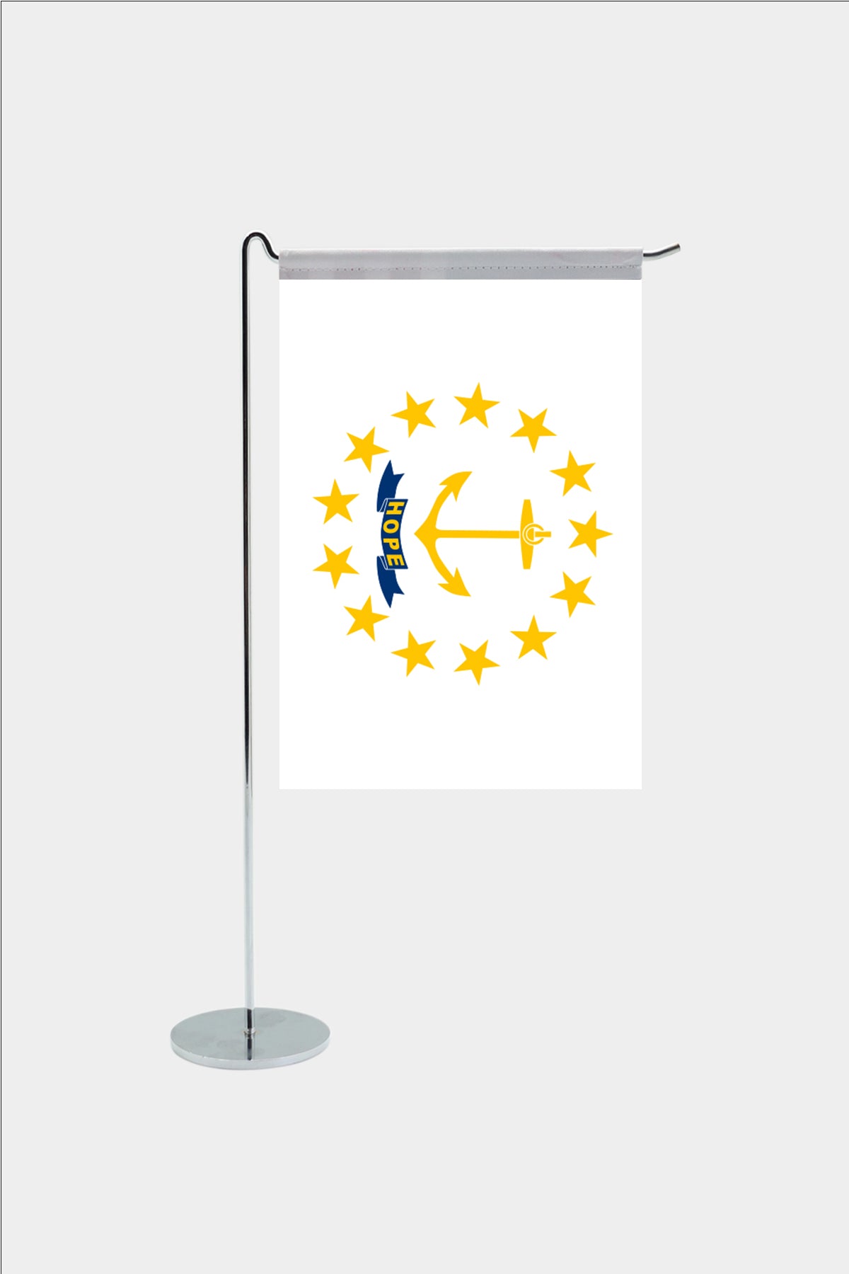 Rhode Island state desk flag with chrome L-shaped stand - premium double-layer satin office flag