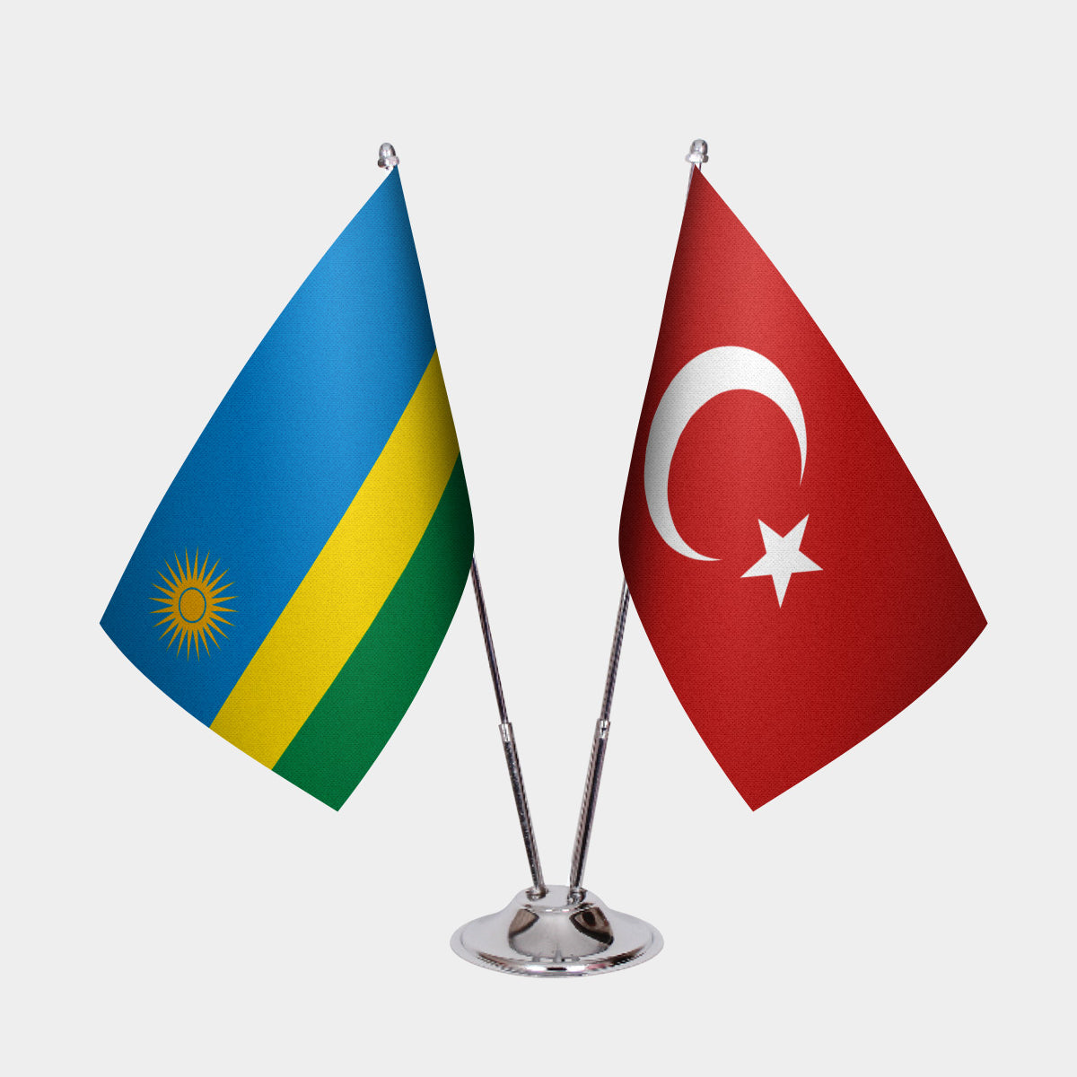 Rwanda and Turkey desk flag set with chrome pole and base