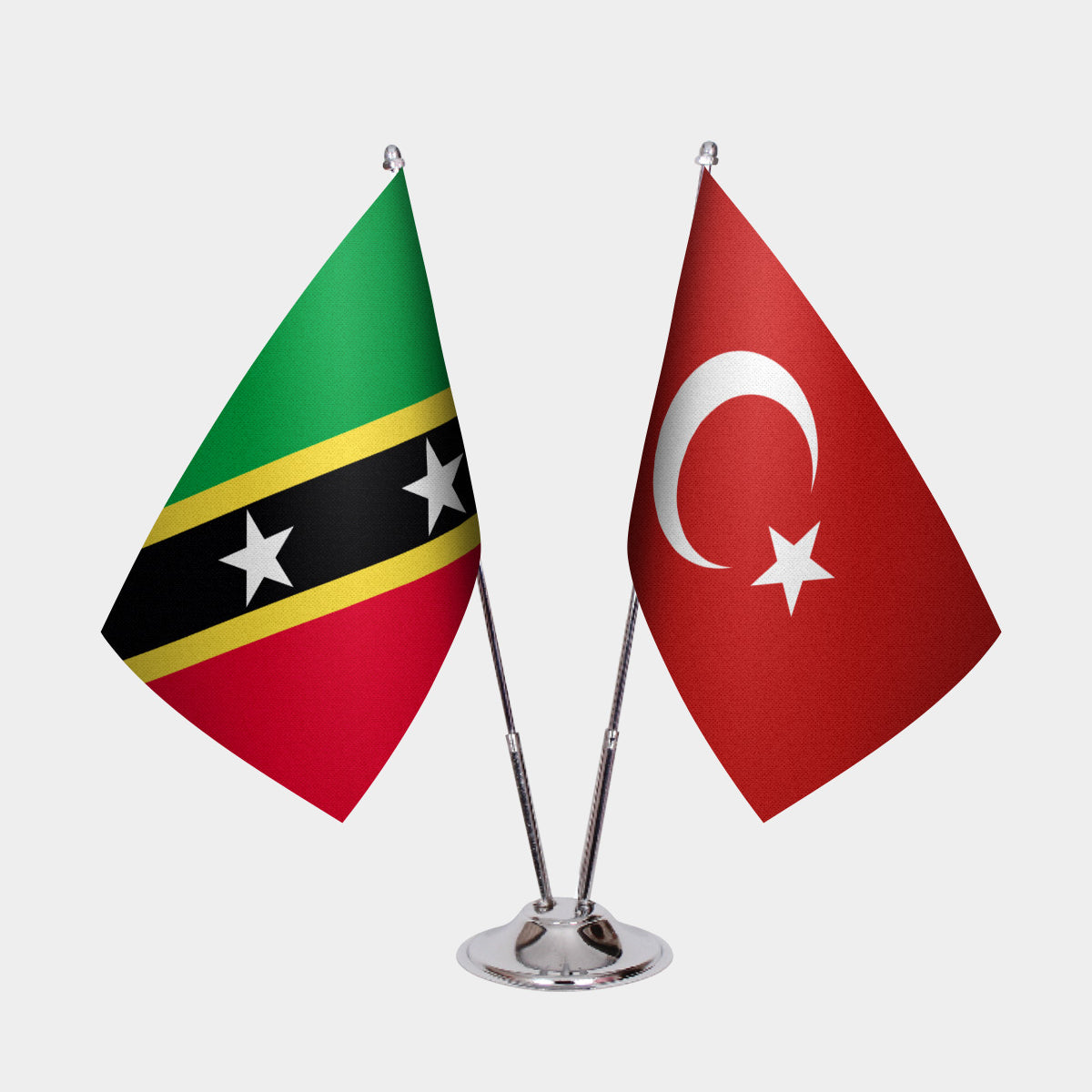 St. Kitts & Nevis and Turkey desk flag set with chrome pole and base