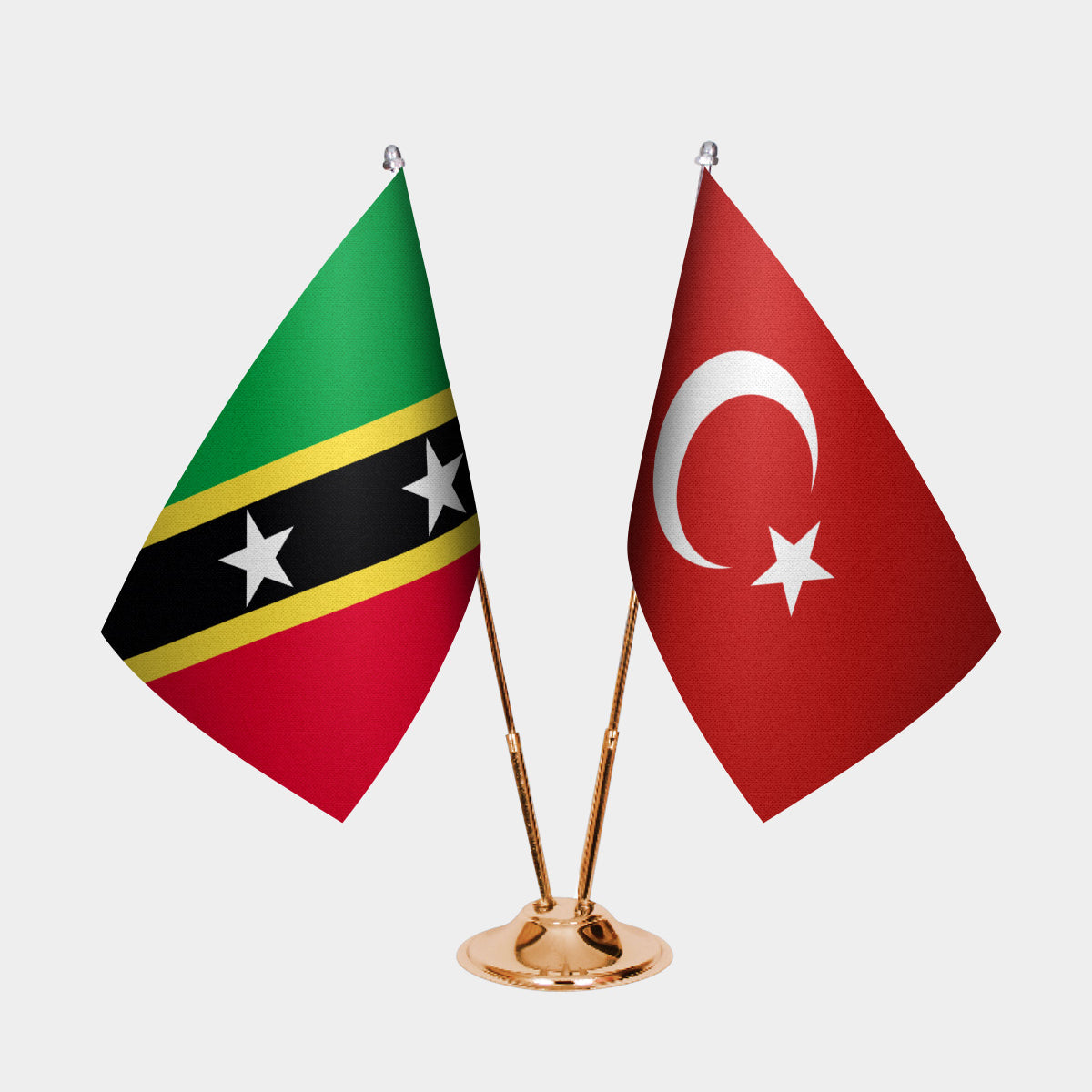 St. Kitts & Nevis and Turkey desk flag set with gold pole and base