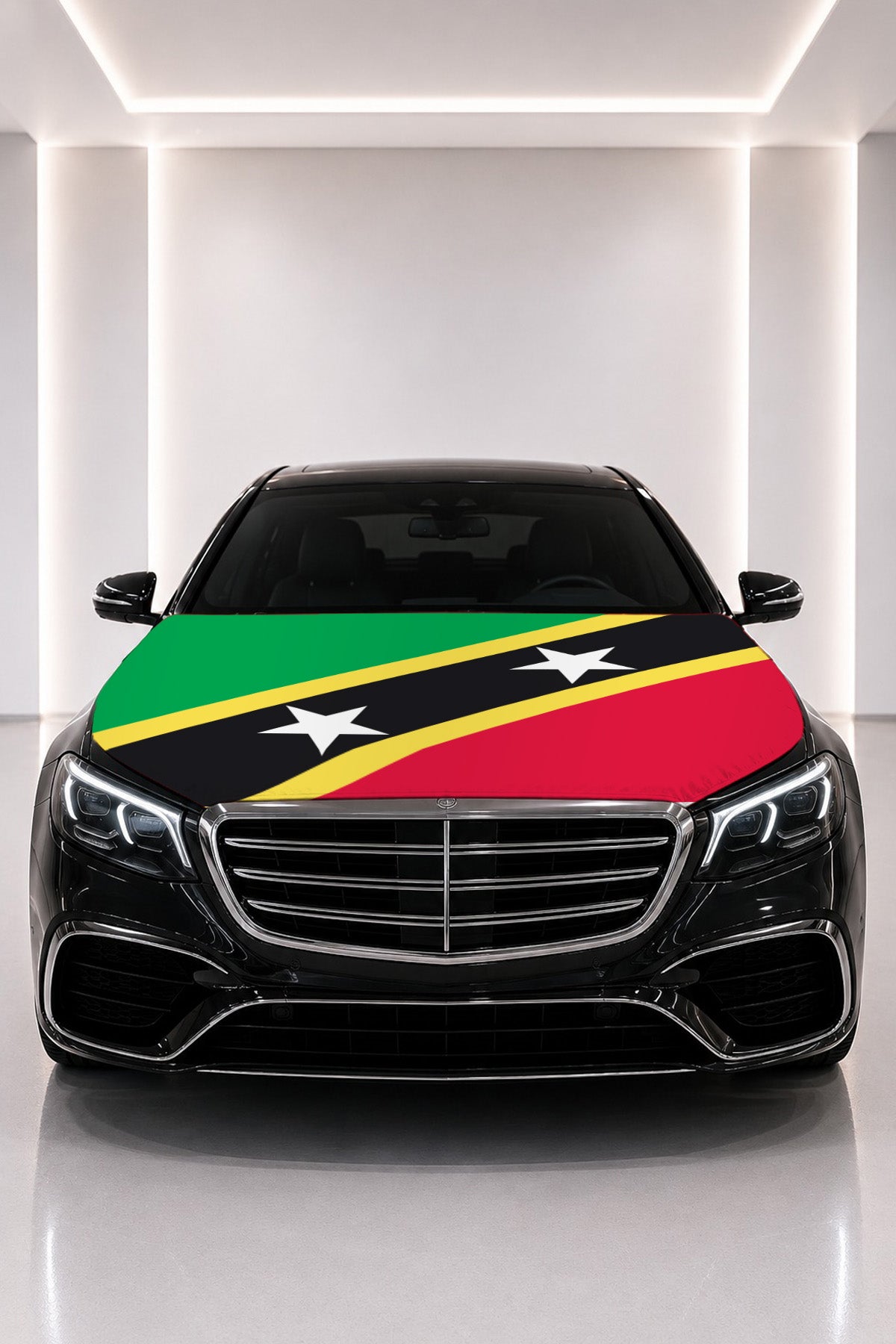 Saint Kitts and Nevis flag car hood cover fitted on a black car bonnet