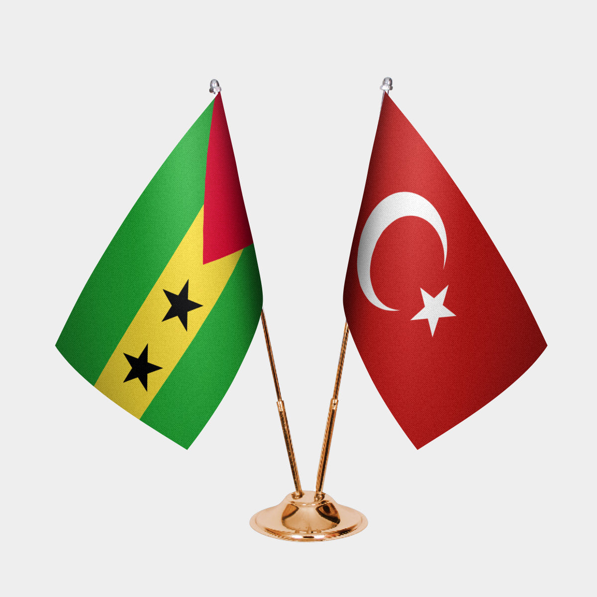 São Tomé & Príncipe and Turkey desk flag set with gold pole and base