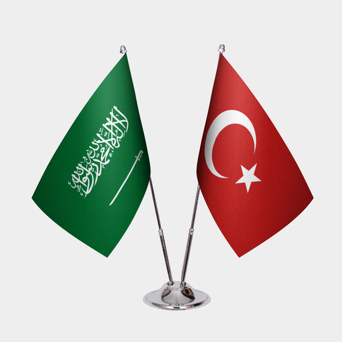 Saudi Arabia and Turkey desk flag set with chrome pole and base