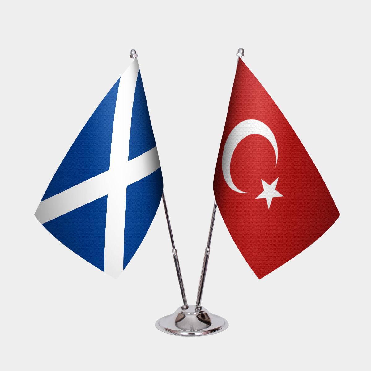 Scotland and Turkey desk flag set with chrome pole and base