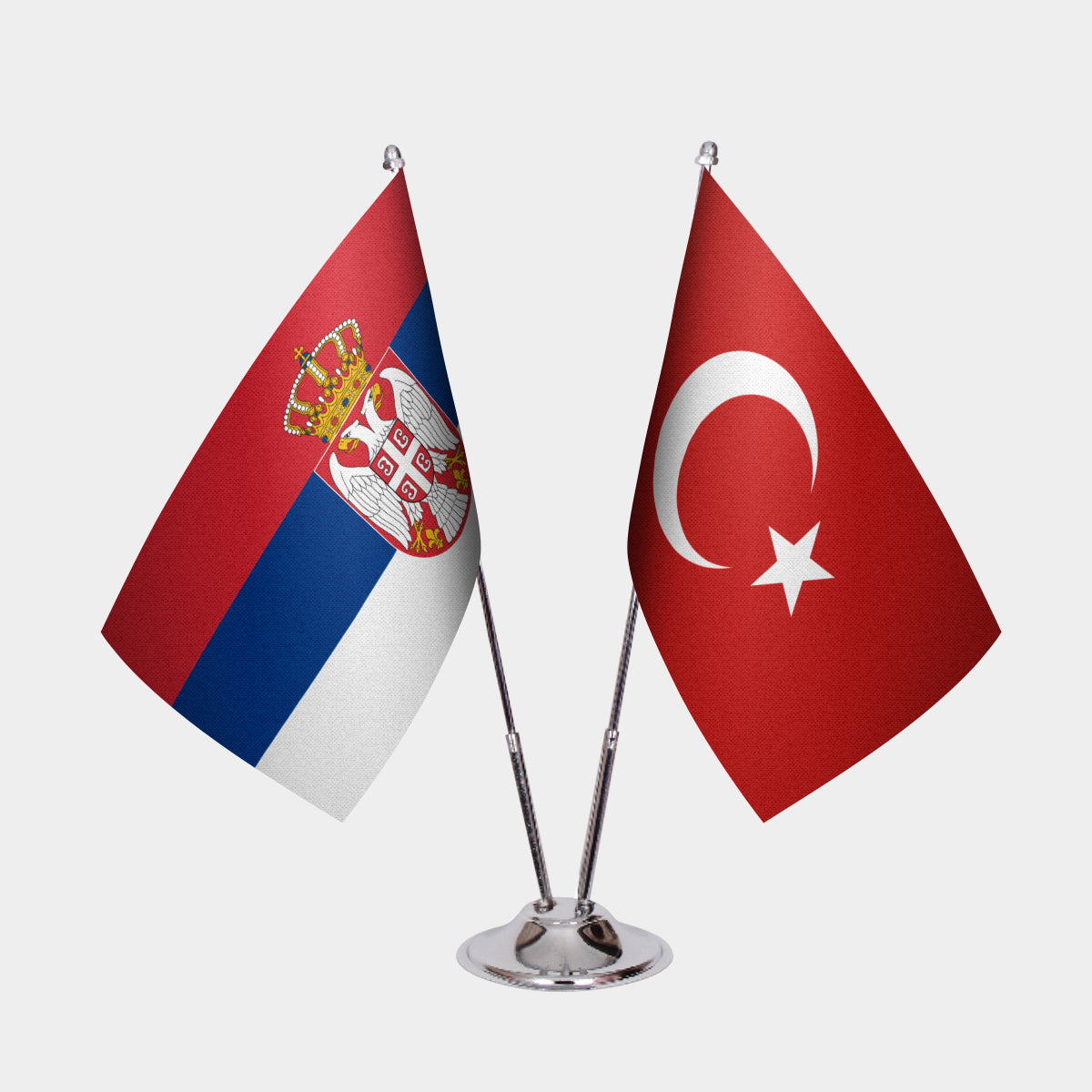 Serbia and Turkey desk flag set with chrome pole and base