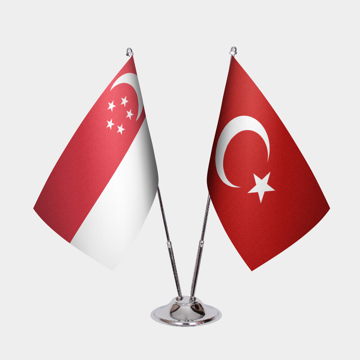 Singapore and Turkey desk flag set with chrome pole and base