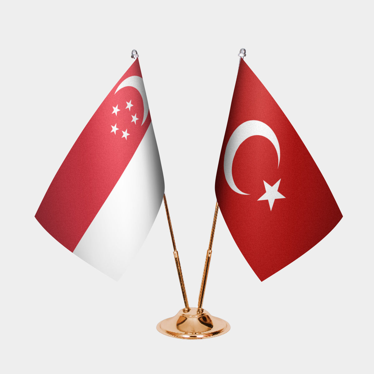 Singapore and Turkey desk flag set with gold pole and base